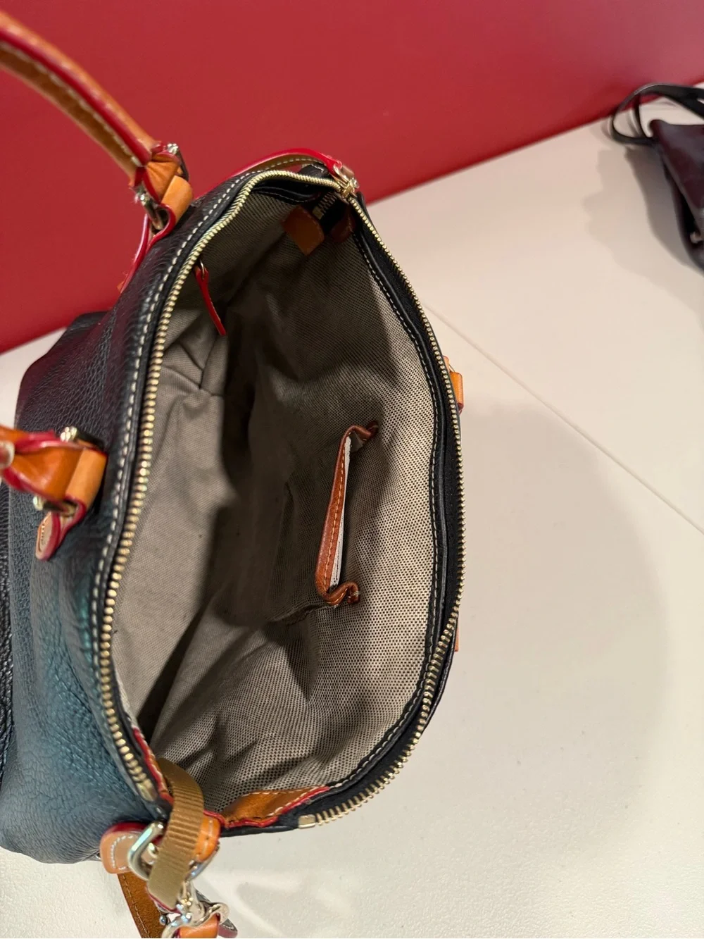 Dooney & Bourke Black Satchel with Tan Trim and Handles